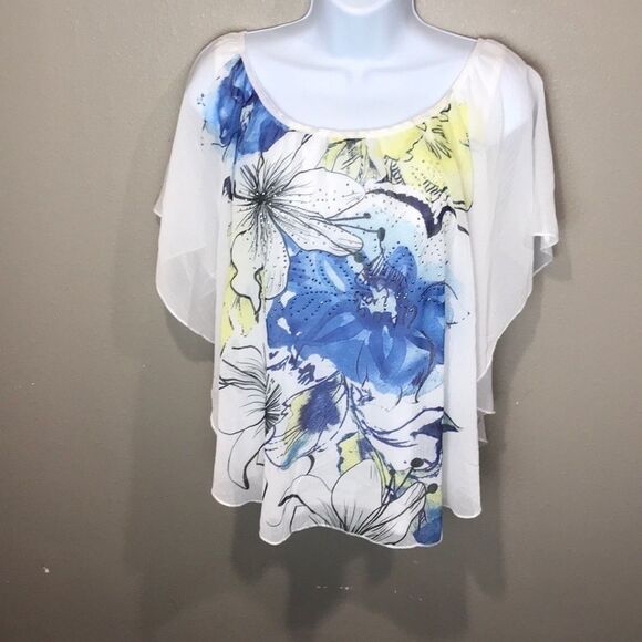 JM Collection Printed Poncho Rhinestone Blouse women’s size small - Picture 2 of 6